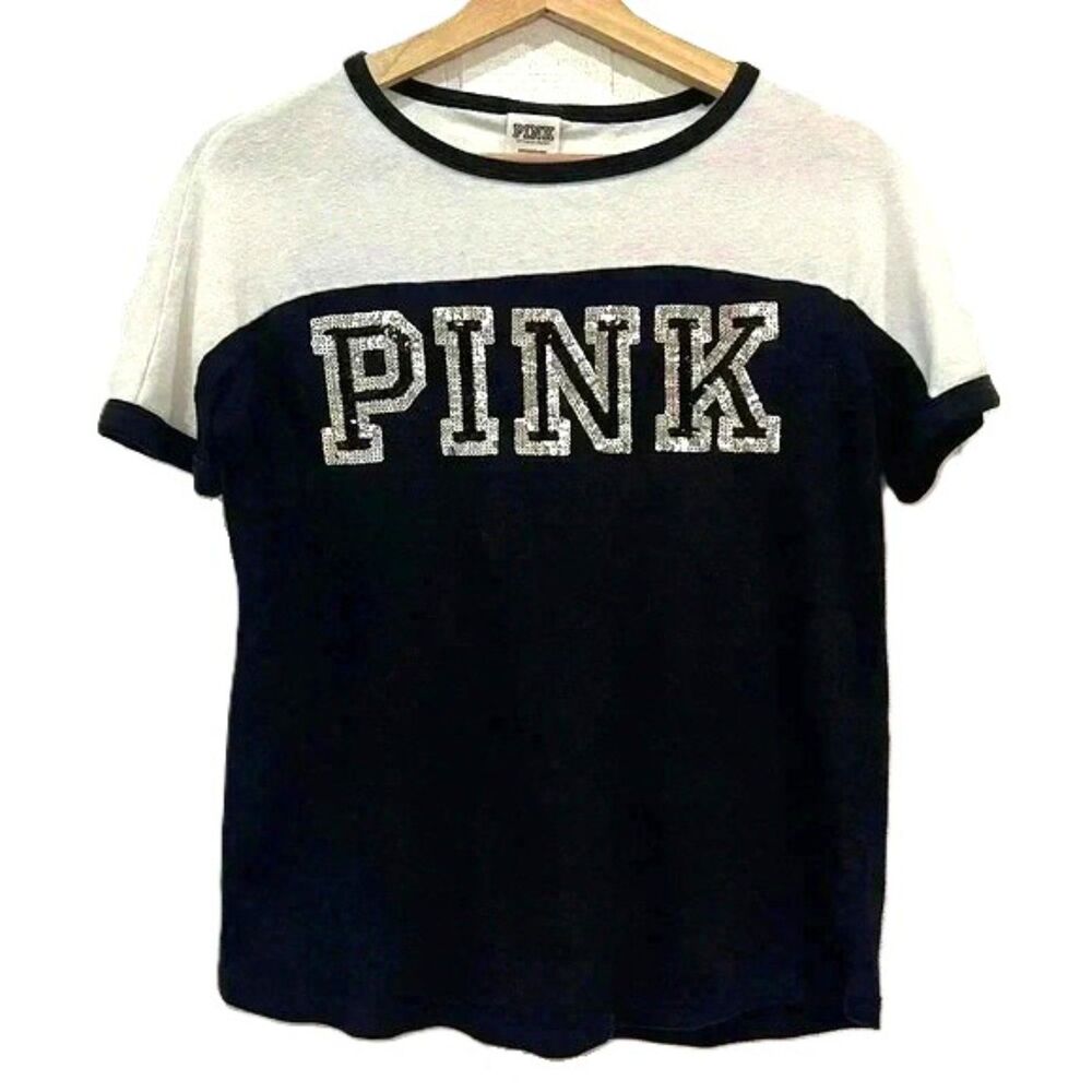 PINK Victoria Secret Black & White Sequin PINK Logo T Shirt Womens Small